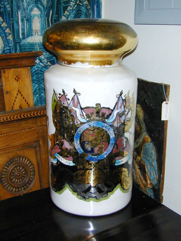 Large scale English glass apothecary jar with decoupage Royal coat of arms and gilding, 19th century