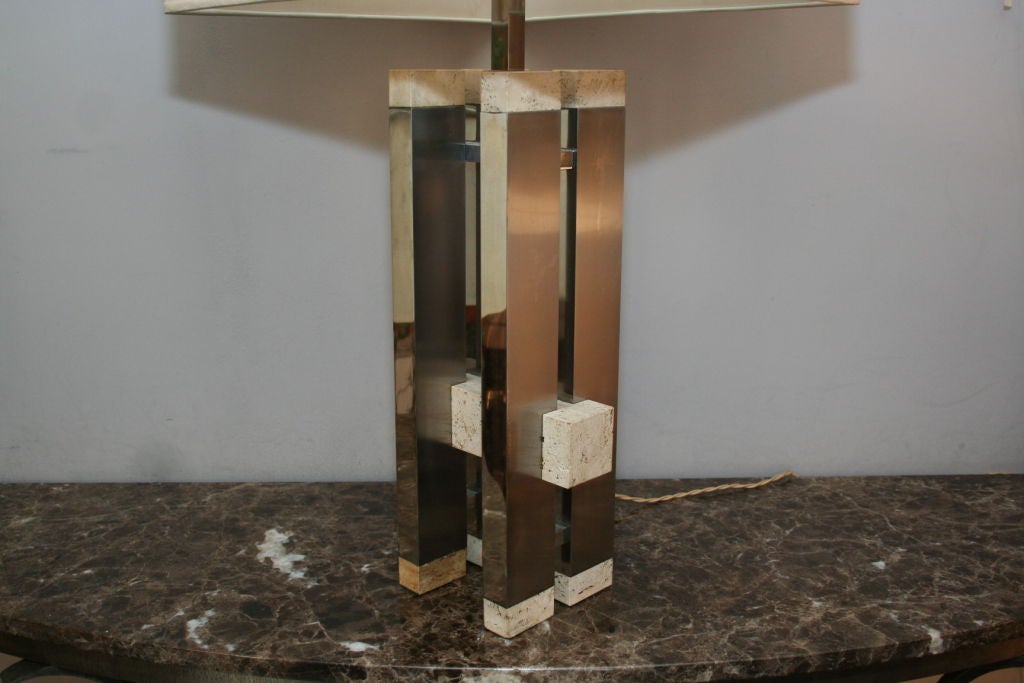 Modernist Travertine and Polished Steel Table Lamp by Sciolari 1