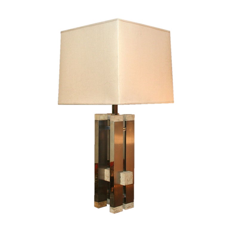 Modernist Travertine and Polished Steel Table Lamp by Sciolari