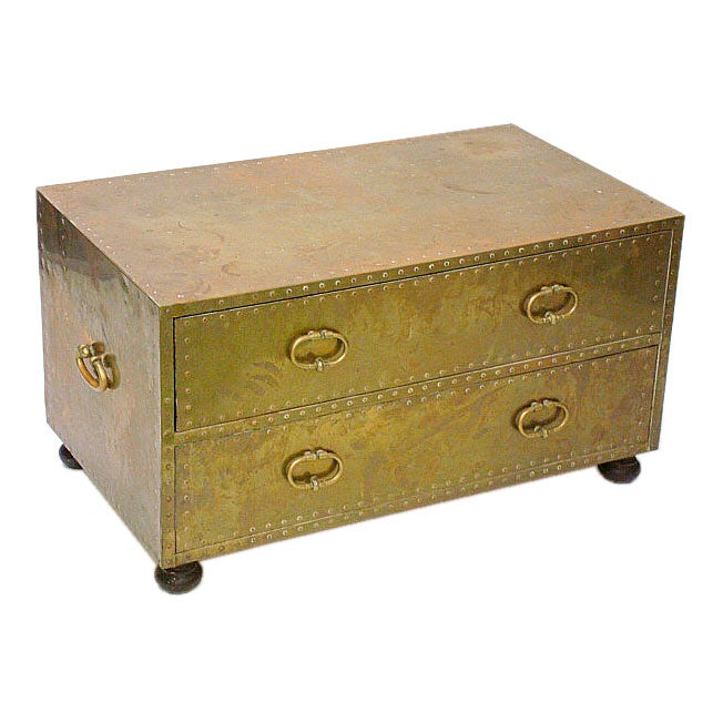 A Brass Clad and Studded Two Drawer Commode by Sarreid, Ltd