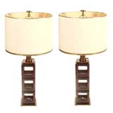 Pair of Mahogany Stacked Open Cube Frame Lamps by Stiffel