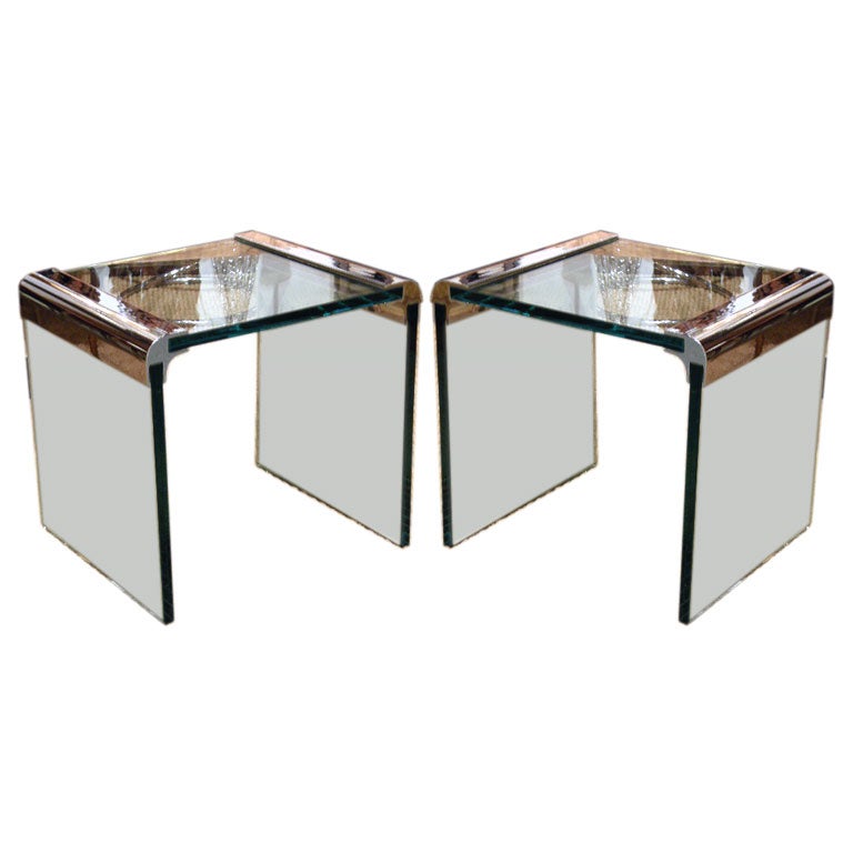 Pair of Glass and Chrome Waterfall Occasional Tables by Pace