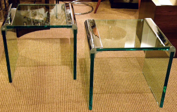 Pair of Glass and Chrome Waterfall Occasional Tables by Pace 1