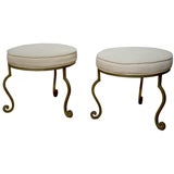Pair of Upholstered Round French Curve Gilt Wrought Iron Stools