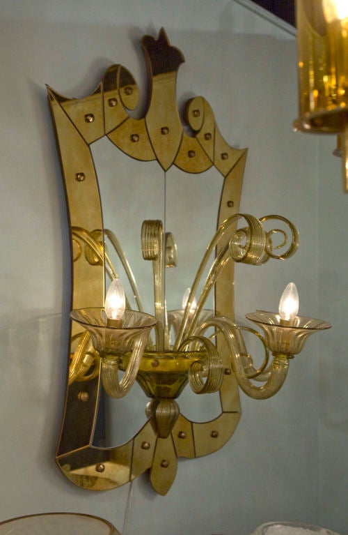 A Magnificent Pair of Shield Form Mirror Sconces by Venini