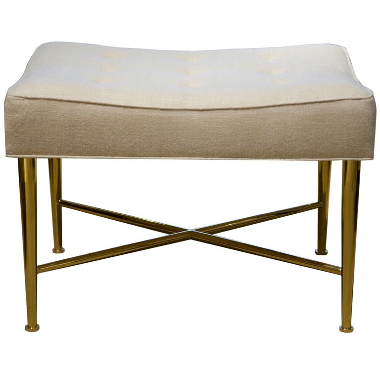 Upholstered Brass X-Base Bench by Edward Wormley