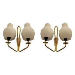 Pair of Italian Brass and White Glass Shaded Wall Sconces
