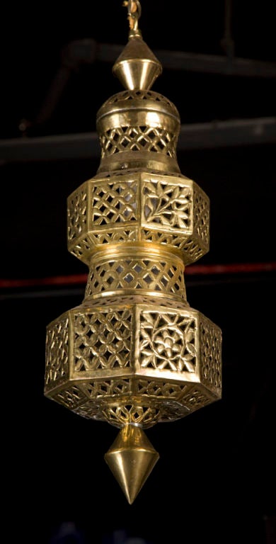 Mid-20th Century Moroccan Pierced Brass Triple Pendant Chandelier