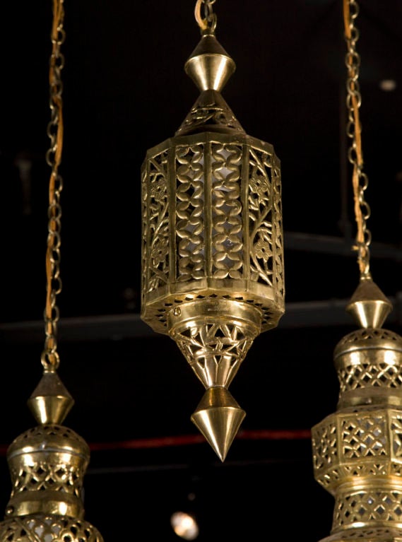 Moroccan Pierced Brass Triple Pendant Chandelier 1
