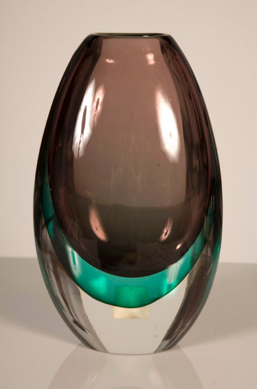 A hand blown glass vase in purple and green by Salviati (signed). Italian, circa 1970.