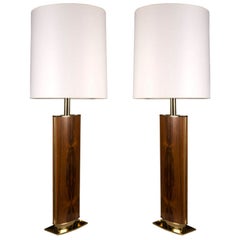 Pair of Tall and Slender Rosewood Column Table Lamps by Laurel