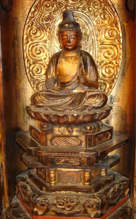 Fine Japanese Gilt Wood Statue Of Sitting Buddha In Wood Case