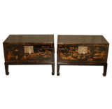 A Pair Of Black Lacquer Trunks With Gold Gilt Landscape Motif