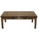 Black Lacquer Low Table With Painted Gold Gilt Motif On Top