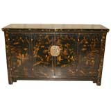 Used Black Lacquer Sideboard With Gold Gilt Landscape Motif