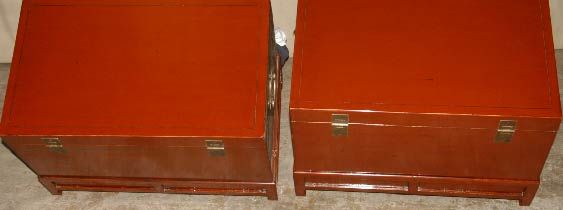 A pair of elegant red lacquer trunks on stands, fine hand painted floral motif in gold gilt, brass fitting. Beautiful colors, form and lines. selling single or pair, $2800 each. Visit our website at: www.greenwichorientalantiques.com for additional