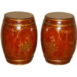 A Pair Of Stools / Canisters With Painted Gold Gilt Motif