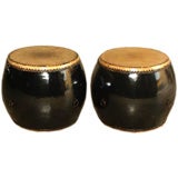 Antique A Pair Of Black Lacquer Drums With Leather Top & Bottom