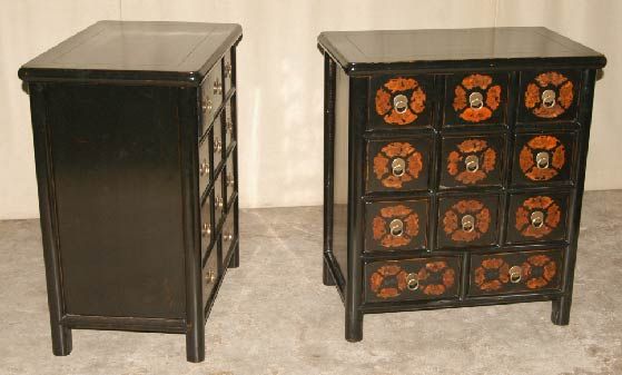 A pair of refined and elegant black lacquer apothecary chests, brass ring pulls. Beautiful form, lines and colors. Selling single or pair, $2800 each. View our website at: www.greenwichorientalantiques.com for additional chest selections.