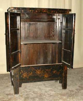 A refined and elegant black lacquer cabinet with hand-painted gold gilt motif on the front side, brass fitting. Beautiful form and colors.