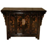 Antique black Lacquer Sideboard With Painted Gold Gilt Motif