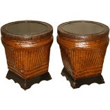 A Pair of Bamboo Woven Canisters with Black Lacquer Top