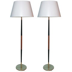 Pair of Enamel, Walnut, and Brass Danish Floor Lamps