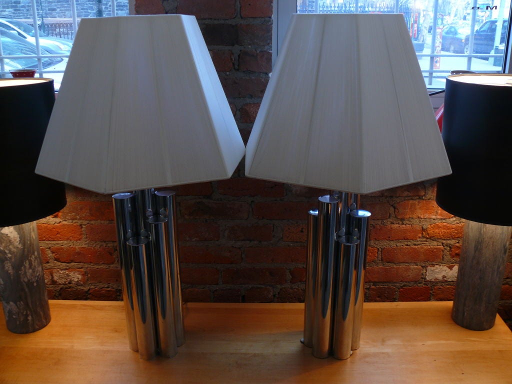1970's Polished Chrome Skyscaper style table lamps