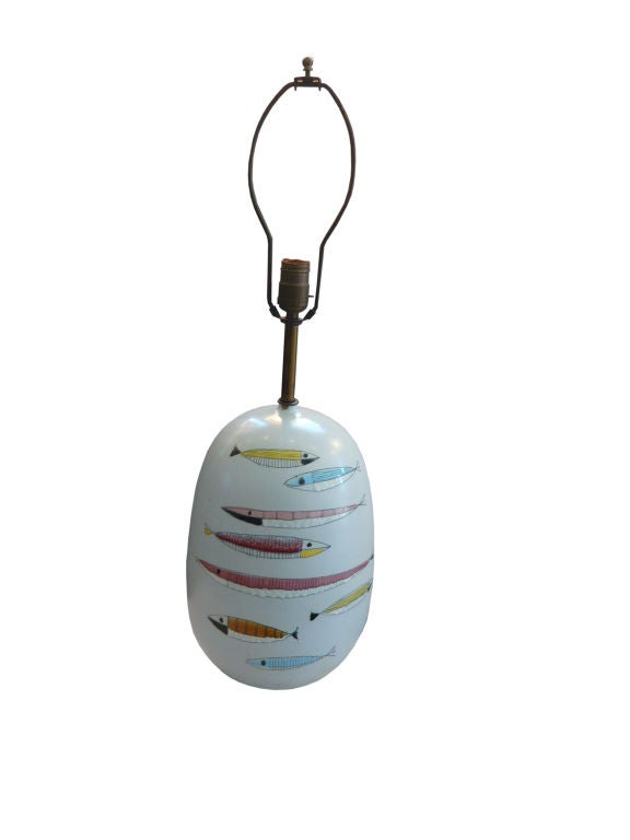 Brass 1960's Italian painted FISH Motif Ceramic Lamp