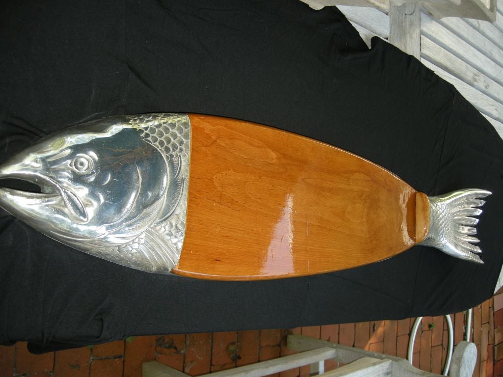 A Magnificent Salmon sculpture in silver and maple wood,beautifully executed,great for smoked salmon,sushi,or cavier.