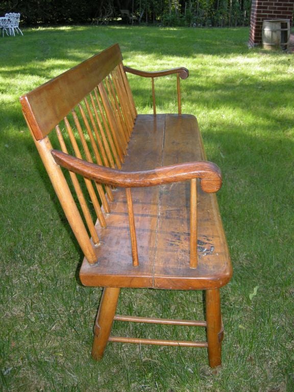 Charming antique American Meeting House Bench from the Boston area.Pine seats,cherry wood back and arms,old repair on seat,lovely old piece.