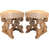 Antique Pair of Cerused Oak Upholstered Stools