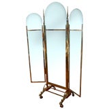 3 Panel Old Brass Cheval Mirror on Wheels