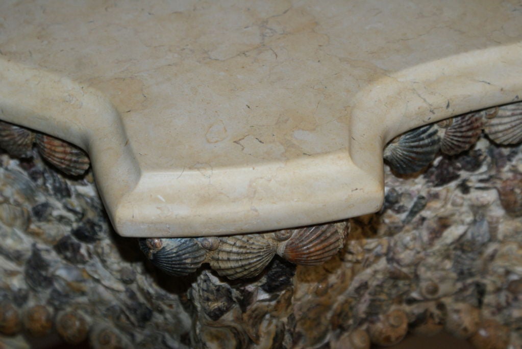 Magnificent mosaic shell inlayed console table.All natural sea shells.Birch wood frame and beveled marble top.