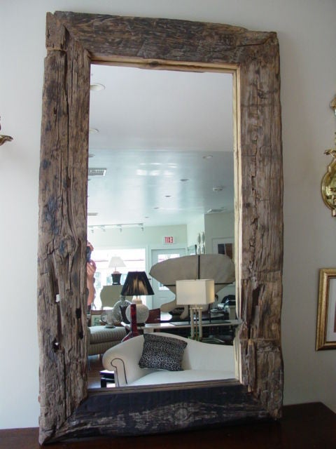 Large primative oak wood framed mirror from South Whales ,from salvaged rail road tracks.