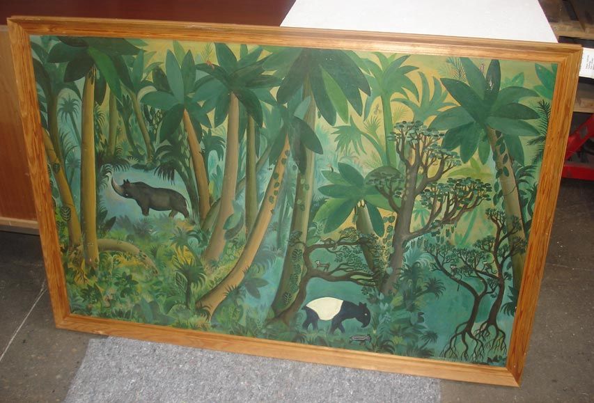 Large scale work by the Danish born Hans Scherfig.  Scherfig is well known in Scandinavia for both his writings and paintings.  The lush jungle, represented by a myriad of foliage, is interspersed with a variety of denizens, including monkeys,