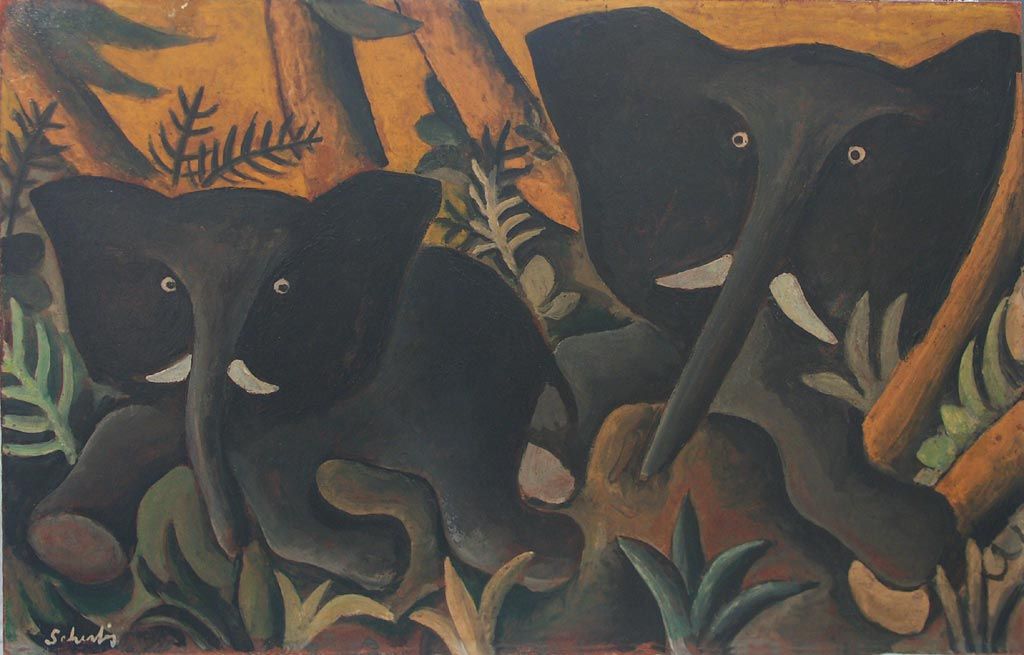 A very early work by Hans Scherfig, circa 1938. Scherfig is recognized for both his artwork and writings in Scandinavia.  His paintings depict jungle habitats that are seductive in their naivete.  His work is difficult to come by, as most families