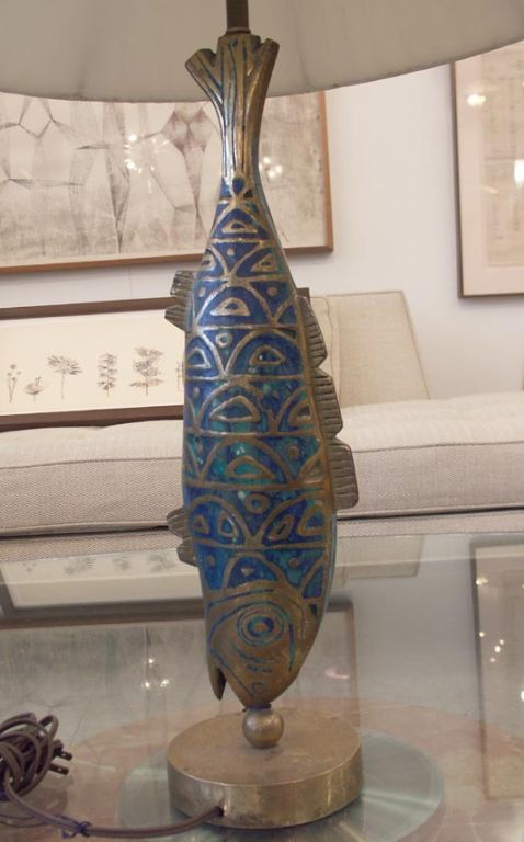 1950's Mexican Enamel And Brass Fish Lamp