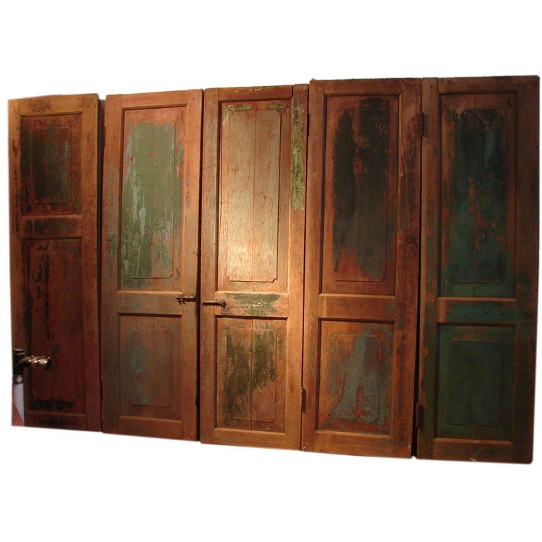 set of five antique teak wood doors from a food shop For Sale