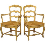 Pair of Louis XV Style Paint Decorated Rushseat Fauteuils