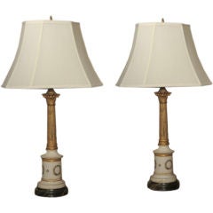 Pair of Neoclassical Style Parcel Gilt Porcelain Table Lamps