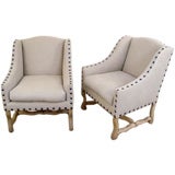 Pair Oak & Linen Armchairs