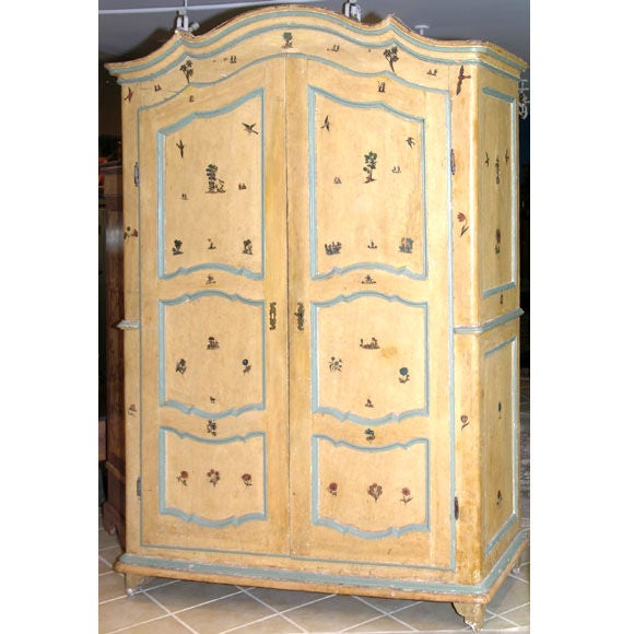 Early 19th Century armoire in great original condition. All hardware, paint and decorations are intact and original. Please note the intricate images, 57 in all, depicting oriental scenes, real and imaginary animals and florals. <br />
<br />
This