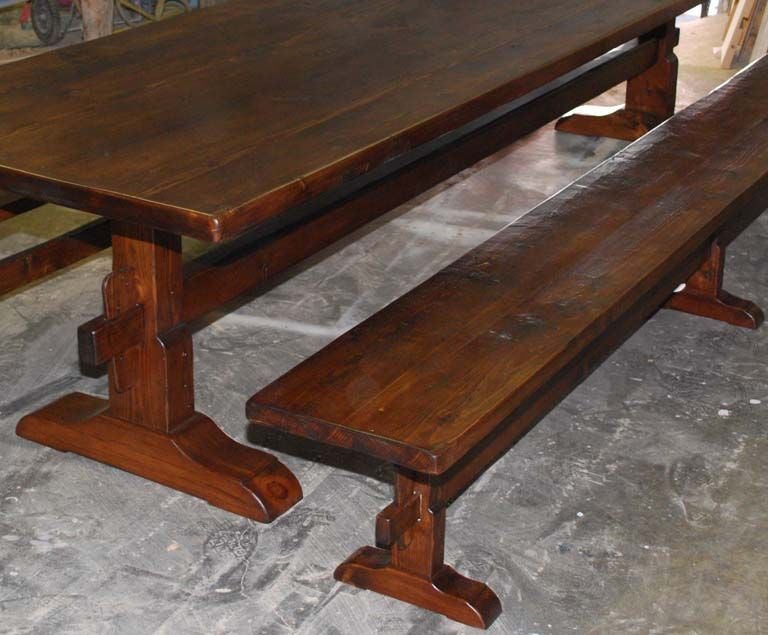 Country Trestle Table/Benches in Reclaimed Pine, Custom Made by Petersen Antiques For Sale