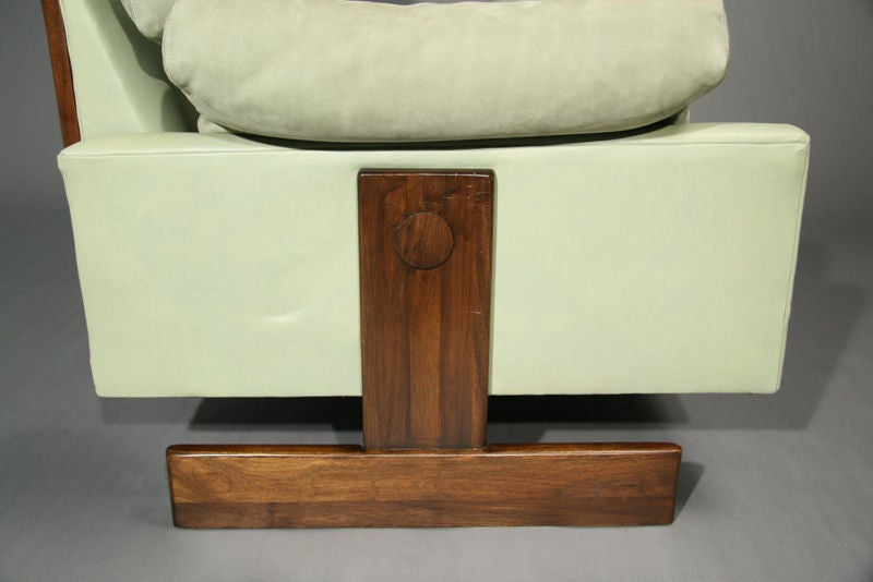 Late 20th Century Mint Green Leather, Suede and Walnut Chair and Ottoman