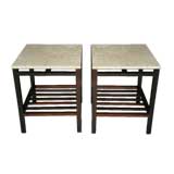 Pair of tan marble and rosewood side tables