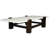 Cantilevered marble exotic wood base coffee table