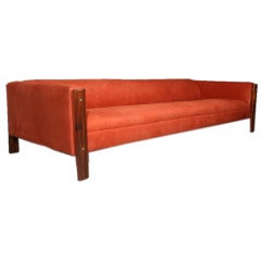 Low-Light Red Suede and Rosewood Sofa