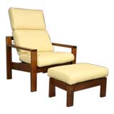 Brazilian wood and pale yellow leather chair and ottoman
