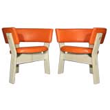 Pair of orange leather bleached oak Danish barrel chairs